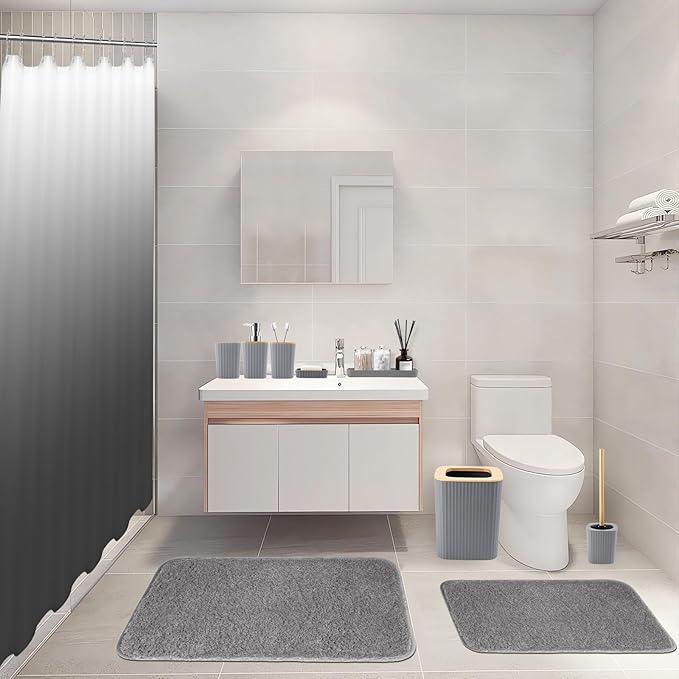 Bathroom Accessory Set–Bathroom Set with Shower Curtain and Rugs, No Slip Bathroom Rugs Super Absorbent, Grey Ombre Waterproof Shower Curtain with Hooks, Gray Bathroom Sets Complete for Home