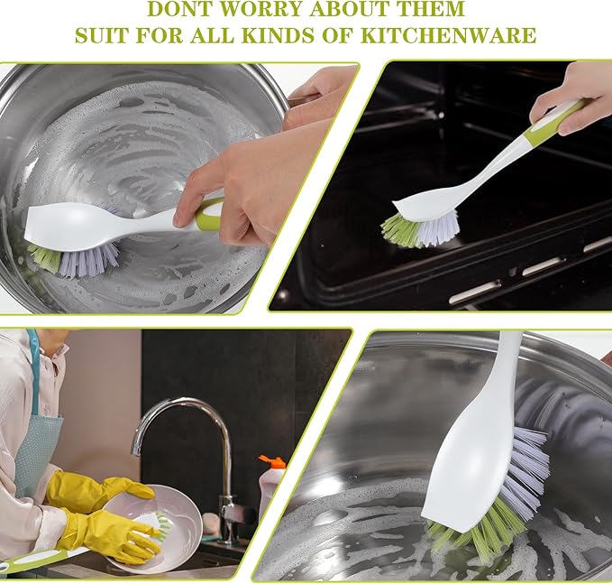 8 Pcs Dish Brush with Handle Kitchen Scrub Brush Pot and Pan Cleaning Brush Dish Scrubber with Stiff PET Bristles for Cookware Sink Washing Household, Green, 11 x 3.1 x 0.98 Inch