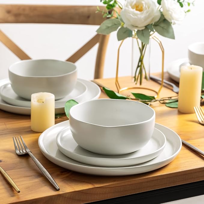 AmorArc Ceramic Dinnerware Sets, Wavy Rim Stoneware Plates and Bowls Sets, Highly Chip and Crack Resistant | Dishwasher & Microwave & Oven Safe Dishes set, Service for 6 (18pc)
