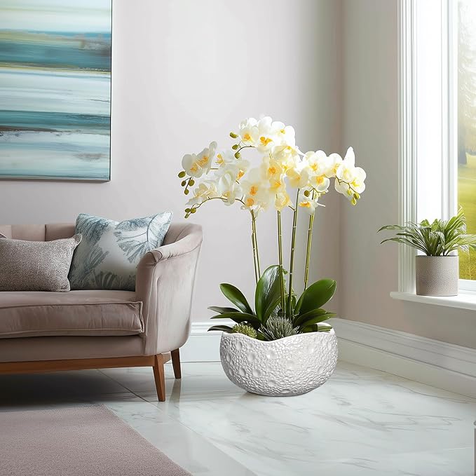 Large Bonsai Pots - 13 Inch Ceramic Planter for Indoor Outdoor, Round Plant Pot, Decorative Flower Pots with Drainage Hole, Modern Unique Planters, Garden Decor Home, Garden Gifts, White