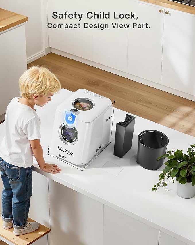 Smart Electric Composter for Kitchen, 3L Compact Mill Food Recycler with 4 Sharktooth Blades, One Touch Turns Waste into Fertilizer Within 2-10h, 0.5kWh Per Cycle, Odorless, Low Noise, Auto-Cleaning