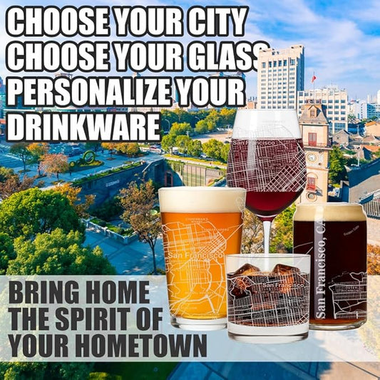 Blue Ridge Mountain Gifts - San Francisco Souvenir - California Glassware Gift, Etched City Map, Laser Engraved and Dishwasher Safe