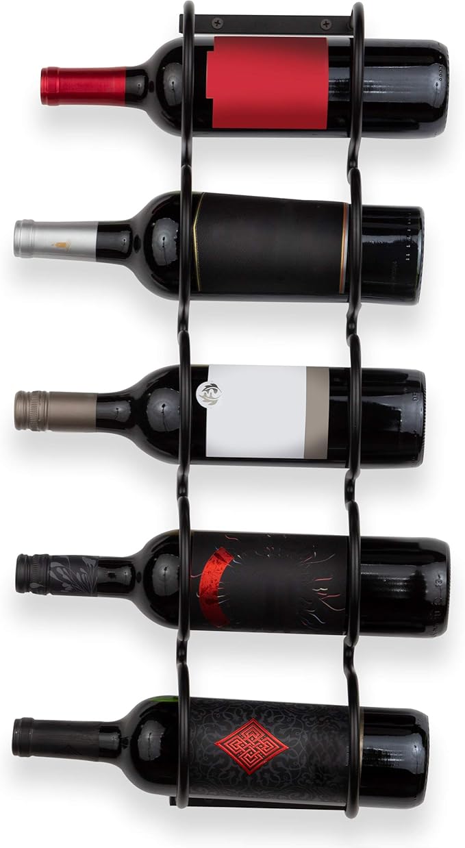Wallniture Dijon Wine Rack for Kitchen Organization and Storage, Under Cabinet Organizer for 5 Liquor or Wine Bottles, Metal Black