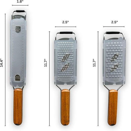 NAZANIN Grater Set of 3 – 304 Stainless Steel Cheese Grater, Zester & Vegetable Grater with Acacia Wood Handles – Handheld Kitchen Graters for Garlic, Ginger, Lemon, Nutmeg & more