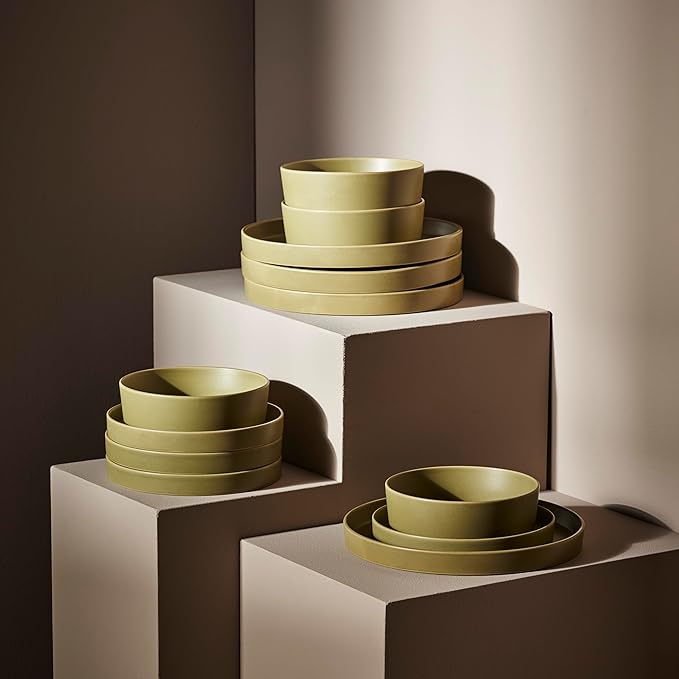 Stone by Mercer Project MODAN 12-Piece Stoneware Dinnerware Set, Plates and Bowls Sets, Dish Set for 4, Green