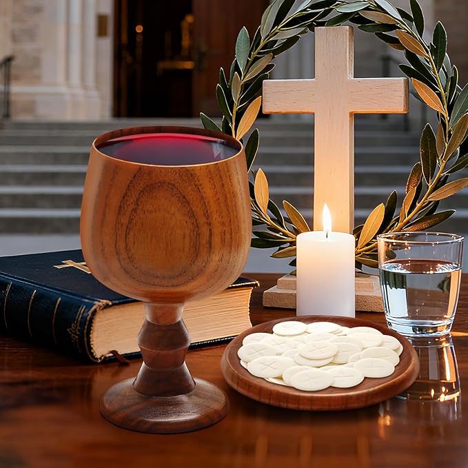 TALPGOD Handmade Wooden Communion Chalice Cup with Tray – Vintage Goblet Wine Cup for Christian Church Ceremony (5.1 Inches)