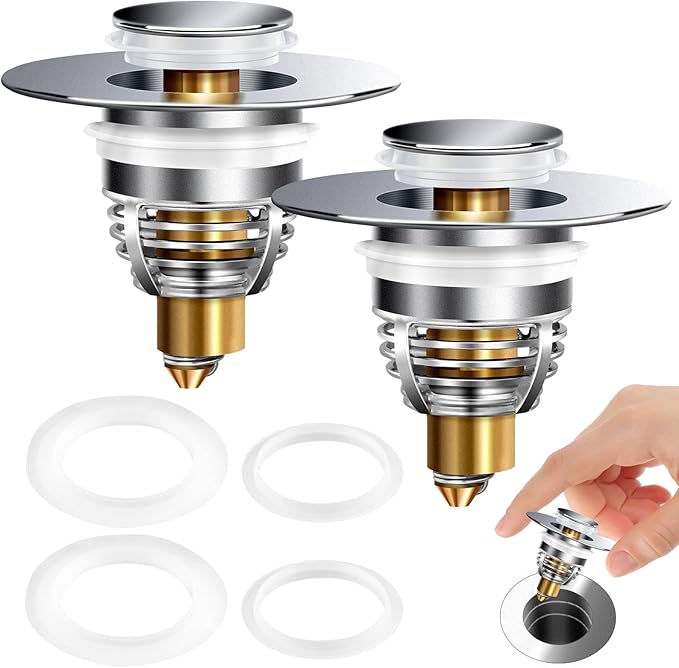 AURUZA 2 Pack Universal Bathroom Sink Stopper, Strainer for 1.1-1.5 Inch Bullet Core Push Type Basin Pop Up Drain Filter,Bathtub Converter with Anti Clogging Basket Hair Catcher