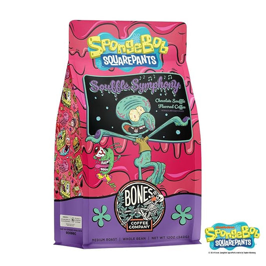 Bones Coffee Company Spongebob Soufflé Symphony, Chocolate Soufflé Flavored Whole Coffee Beans, Low Acid Medium Roast Arabica Beans Flavored Coffee, 12 oz Whole Bean