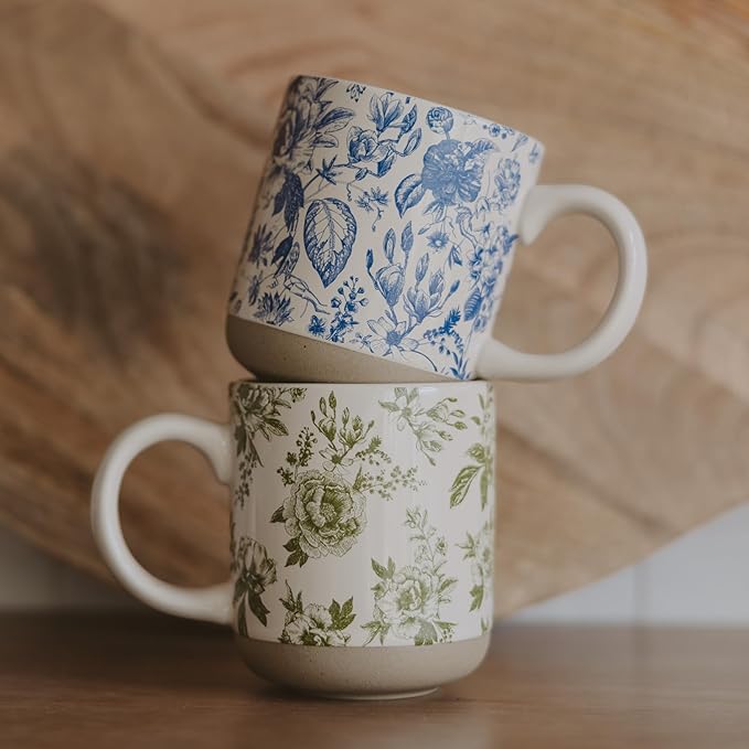 Sweet Water Decor Blue Delft Stoneware Coffee Mugs - 14oz Cute Coffee Mugs for Hot & Cold Drinks - Dishwasher & Microwave Safe - Spring Home Decor and Gift - Ideal Tea & Espresso Mugs