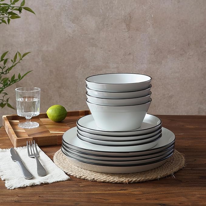 Famiware Saturn Dinnerware Sets, Plates and Bowls Sets for 4, 12 Pieces Stoneware Dish Set - Chip and Scratch Resistant, Microwave and Dishwasher Safe Tableware Set, White with Rim