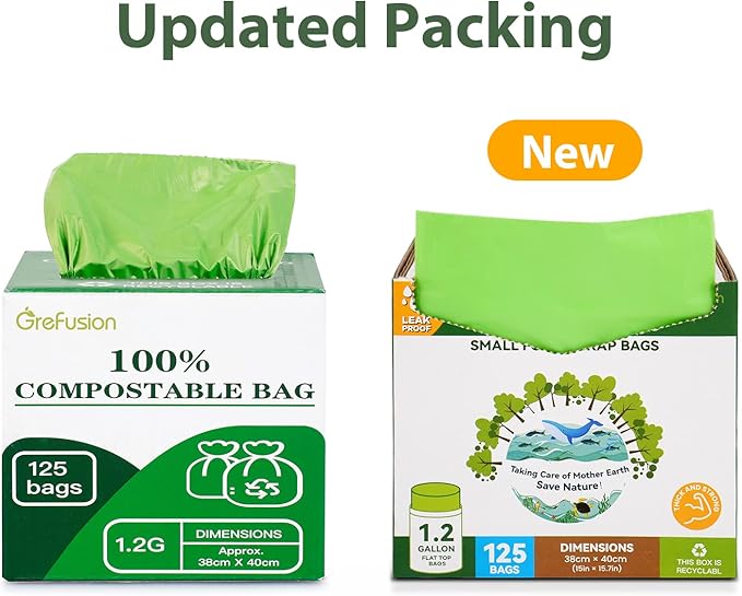 GreFusion Compostable Bags for Kitchen Compost Bin, 1.2 Gallon, 125 Count, Certified by BPI and ASTM, Leakproof and Odor Control