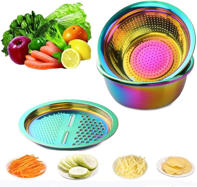 3PC/Set Colander set Stainless Steel Vegetable Slicer Fruit Potato Peeler Carrot Grater Strainer Utensil Round Rice Washer Bowl Drain Basket-Rainbow Color