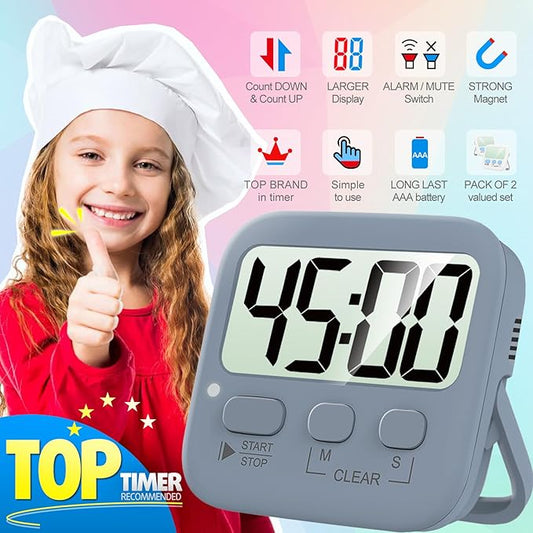 Antonki 2 Pack Digital Timer for Kids, Magnetic Countdown Kitchen Timers for Cooking, Egg, Classroom, Teacher, Exercise, Study, Oven - Battery Included