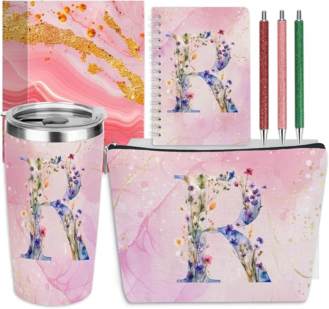 Personalized Gifts Monogrammed Birthday Gifts for Women, New Mom, Grandma Thank You Christmas, Initial 20 oz Tumbler, Makeup Cosmetic Bag Cup Pens Journal Notebook 6 Set, (Aesthetic Pink Flower R)