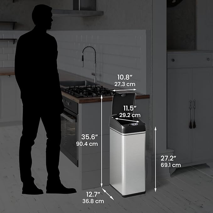 iTouchless 50 Liter / 13 Gallon Sensor 2.0 Dog-Proof Kitchen Trash Can with Lid Lock and AbsorbX Odor Filter, Touchless Lid, Stainless Steel Garbage Recycling Bin for Kitchen, Home, Office, Business