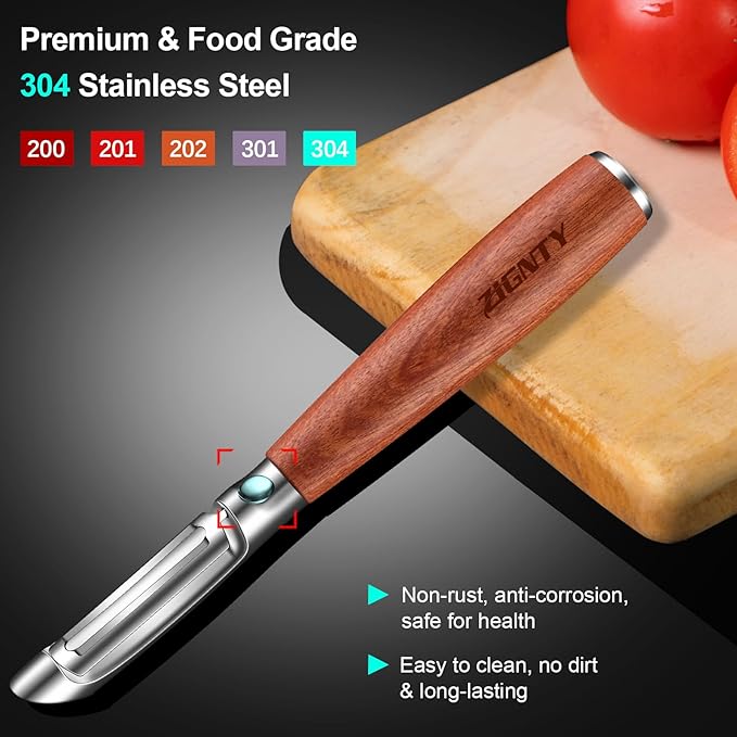 Vegetable Peeler Stainless Steel, Premium Potato Peelers for Kitchen, Ultra Sharp Rotary Blade Fruit & Veggie Peeler, Apple Peeler, I Shaped Peeler Real Wood Non-Slip Handle(5 Years Warranty)