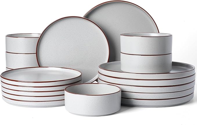 Famiware Nebula Ridge Stoneware Dinnerware Sets for 6, Plates and Bowls Sets, 18 Pieces Dishes Set, Microwave and Dishwasher Safe Kitchen Plates, Light Gray