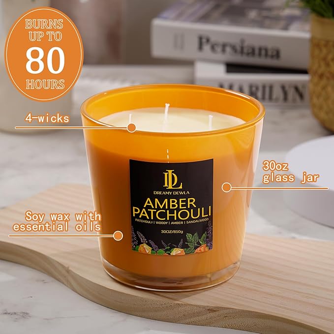 Amber Patchouli Scented Candle, Large 30oz Natural Soy Candles, 4-Wick 80 Hour Burn Time, Home Fragrance Candles Housewarming Gift for Women Men