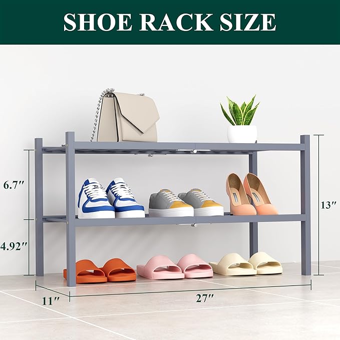 Smiry Shoe Rack, 2 Tier Thick Bamboo Shoe Organizer, Stackable Free Standing Wooden Shoe Storage Shelf for Closet, Entryway, Front Door Entrance, Grey