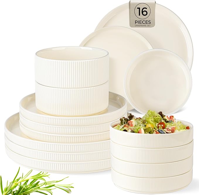 TheTerra Ceramic Dinnerware Sets with Pasta Bowls for 4, 16 Pieces Porcelain Lightweight Speckled Plates and Bowls Sets, Scratch Resistant Dish Set, Oven & Microwave & Dishwasher Safe, Beige