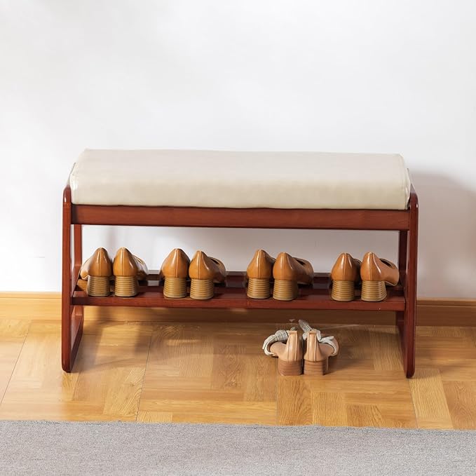 latifolia Solid Wood Bench, Entryway Shoe Bench with Cushion, 2 Tier Shoe Storage Organizer for Hallway, Living Room(Grey,31.50''L)