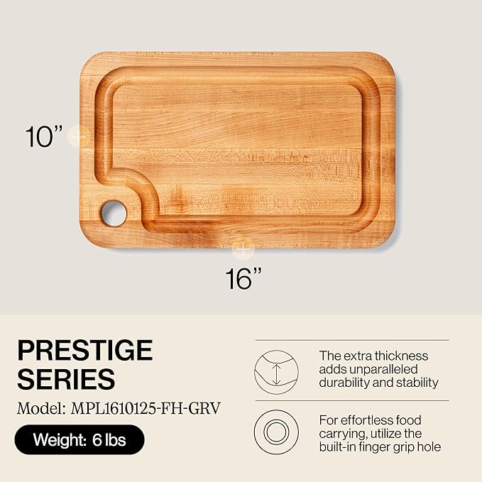 John Boos Prestige Series Rectangular Wooden Maple Cutting Board 16”x10” – 1.25” Thick, 6-lb Reversible Butcher Block with Juice Groove, Edge-Grain & Finger Grip Hole – Made in the USA