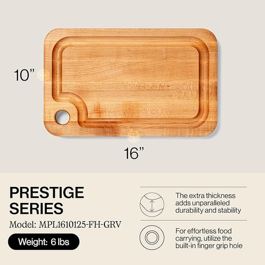 John Boos Prestige Series Rectangular Wooden Maple Cutting Board 16βx10β β 1.25β Thick, 6-lb Reversible Butcher Block with Juice Groove, Edge-Grain & Finger Grip Hole β Made in the USA