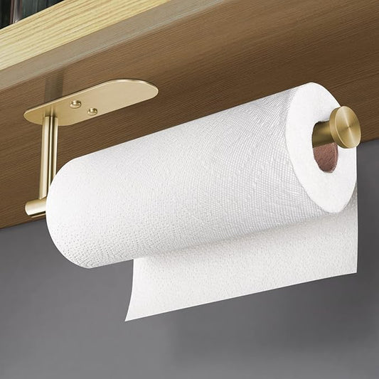 HUFEEOH Adhesive Paper Towel Holder Under Cabinet Wall Mount for Kitchen Paper Towel, Stainless Steel Paper Towel Roll Rack for Bathroom Towel (Gold, Thick)