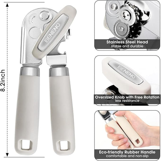 Beneno Heavy Duty Hand Can Opener Manual with Magnet, Durable Sharp Carbon Steel Blade Smooth Cutting, Big Effort-Saving Knob & Soft Grip Handle, Multifunctional Kitchen Tool with Bottle Opener, Beige