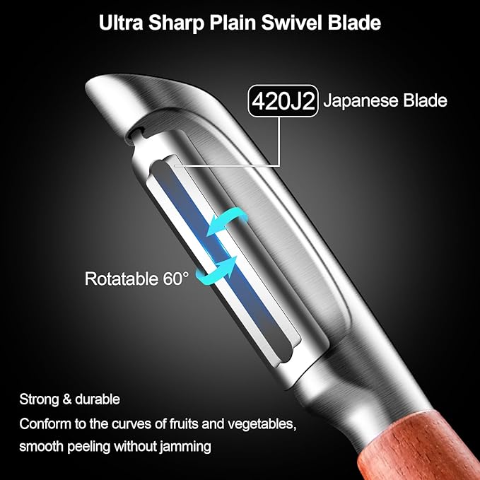 Vegetable Peeler Stainless Steel, Premium Potato Peelers for Kitchen, Ultra Sharp Rotary Blade Fruit & Veggie Peeler, Apple Peeler, I Shaped Peeler Real Wood Non-Slip Handle(5 Years Warranty)