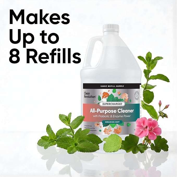Clean Revolution SuperCharged Multi-Surface Cleaner, Refill Supply, Non-Toxic, Eco-Friendly & Plant-Based, Ready to Use, Geranium Mint, 128 Fl Oz