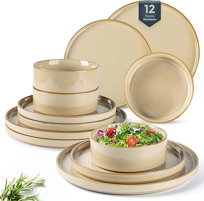 GBHOME Ceramic Dinnerware Sets for 4, 12 Pieces Stoneware Plates and Bowls Sets, Reactive Glaze Dishes -Scratch Resistant, Dishwasher&Microwave Safe-Warm Sand