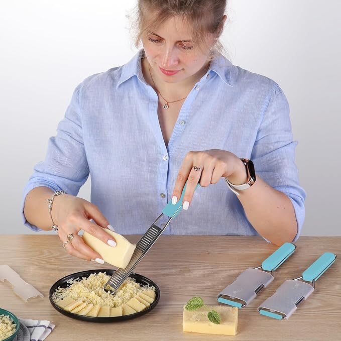 Cambom Lemon Zester Grater Three-piece Suit - Heavy Duty Kitchen Tool for Parmesan Cheese, Ginger, Garlic, Nutmeg, Chocolate, Vegetables,Fruits,Stainless Steel Grater Dishwasher Safe Blue