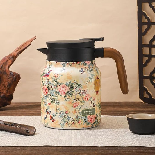1000ml Smart Temperature Control Vintage Floral Tea Thermos Stainless Steel Insulated Mug with Built-In Filter Double Wall Vacuum Travel Tumbler for Hot Cold Drinks (plum blossom)