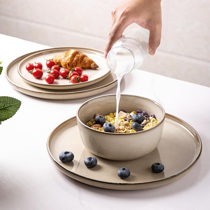 GBHOME 16 Pieces Double Bowls Ceramic Dinnerware Sets for 4, Stoneware Plates and Bowls Set with Reactive Glaze, Scratch Resistant Stoneware Dishes Set, Dishwasher & Microwave Safe