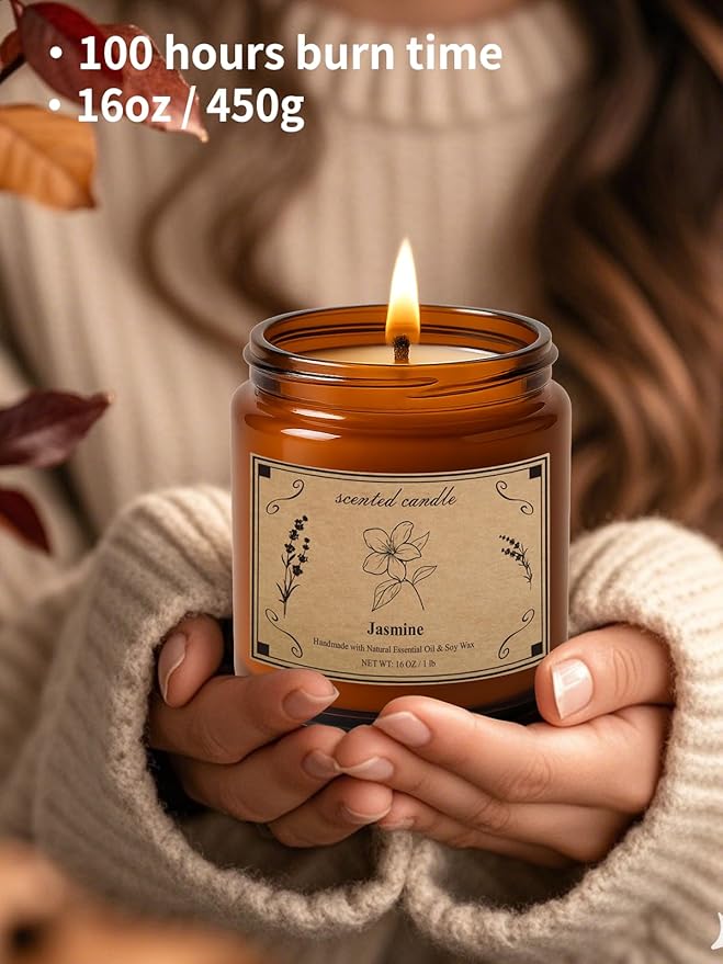 Scented Candles for Home, 16oz Large Jar Scented Candle – Jasmine Soy Wax Candle with 100 Hour Burn Time, Long Lasting Aromatherapy Candle for Home Décor, Relaxing Fragrance & Gift Giving