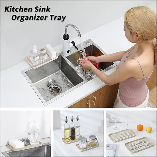 Silicone Kitchen Sink Organizer Tray for Multiple Usage,Eco-Friendly Sponges Holder for Kitchen Bathroom Counter or Sink,Dish Soap Dispenser,Scrubber,Bottle,Cup (Tapioca, 10"Γ5.3")