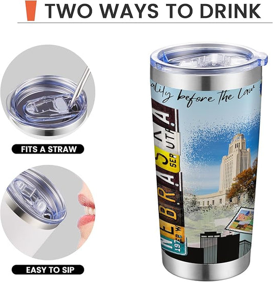 20oz Insulated Tumbler Nebraska State Coffee Mug, United States Map Travel Mug Landmark, Birthday Gifts Cute Custom Tumbler Cups with Lid and Straw Gifts for Mom
