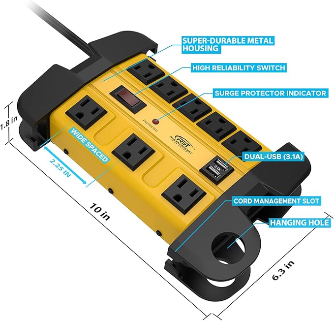 Heavy Duty Surge Protector Power Strip with 2 USB Ports, CRST 8-Outlet Metal Industrial Power Block with 15A Circuit Breaker, 6ft Extension Cord, 1350 Joules for Workshop, Garage, Office, Shop…