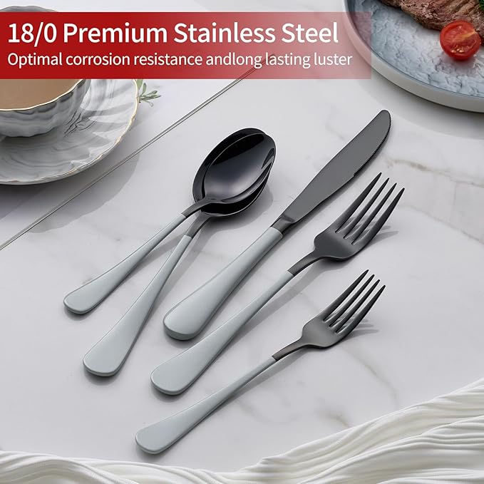 20-Piece Black Silverware Set 18/0 Stainless Steel Flatware Gray Handle Cutlery Set Service for 4 Dinner Knives Forks Spoons Set Mirror Finish Dishwasher Safe