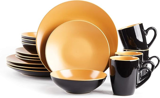 Stoneware Two-Tone Colors Life 16pc Dinner Set,Outside Shiny Black + Inside Matte Glaze Curry
