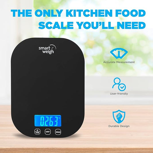 Smart Weigh Black Digital Kitchen Scale for Cooking, Weight Loss, Calorie Tracking, Baking, Food Portion Control, and Meal Prep - Accurate Measurements in Grams and Ounces