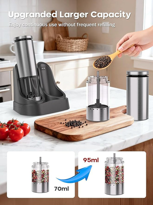 Electric Salt and Pepper Grinder Set with Charging Base: Rechargeable Automatic Salt and Pepper Grinder Set with External Adjustable Coarseness, Stainless Steel Electric Salt and Pepper Shakers,Sliver
