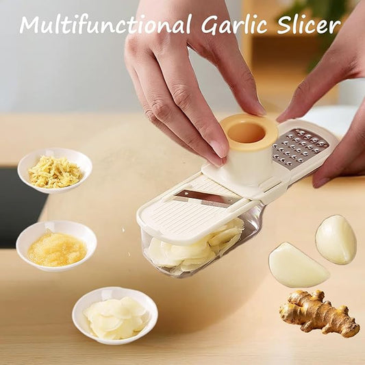 Multifunctional Garlic Grinder, 3 in 1 Mini Garlic Slicer Super Thin with Hand Guard, Vegetable Garlics Ginger Grind, Slice and Shred Mandoline Cutter with Container for Kitchen Tool (Green)