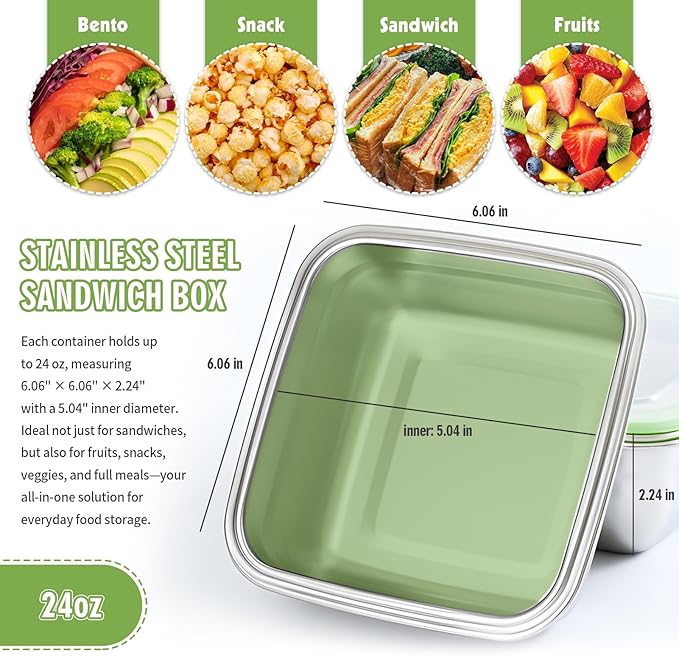2 Pack Sandwich Containers, 24oz Stainless Steel Sandwich Box with Airtight Lids, Reusable Metal Meal Prep Lunch Boxes, BPA-Free, Dishwasher Safe, Food Storage Containers for Families (Black)