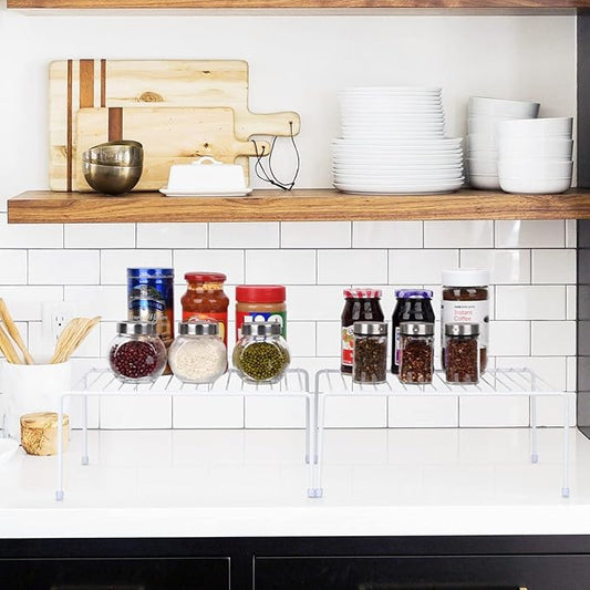 SIBAO Kitchen Cabinet Storage Shelf Rack/Plastic Feet - (13.1 x 10.2 Inch) - Steel Metal - Rust Resistant Finish - Cups, Dishes, Cabinet & Pantry Organization (2, White)