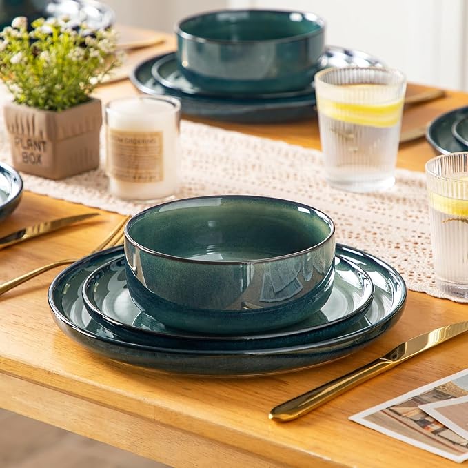 vancasso Starry 18 Pieces Dinnerware Sets for 6, Green Reactive Glaze Dishes Sets, Ceramic Plates and Bowls Set, Dinner Salad Dessert Plates, and Cereal Bowls Set, Dishwasher and Microwave Safe