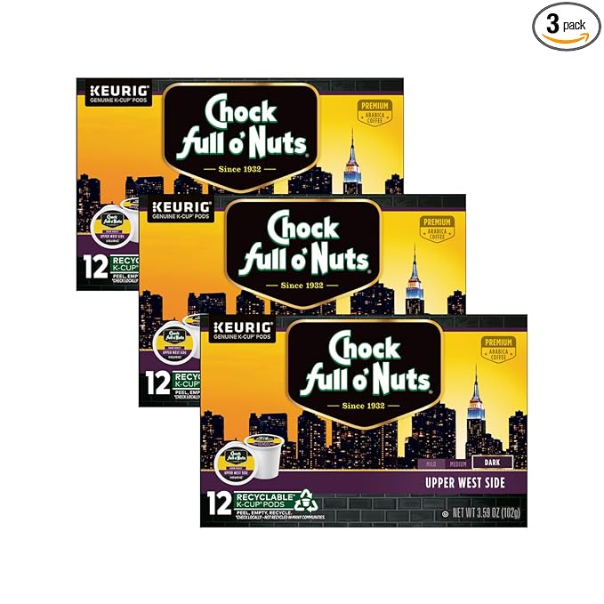 Chock Full o'Nuts Upper West Side Coffee, Dark Roast, Compatible with K-Cup Pods, 12 CT (Pack of 3)