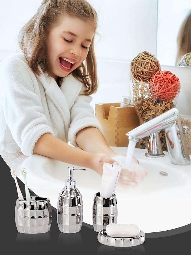 Silver Bathroom Accessory Set, Mosaic Ceramic Bathroom Accessories Set Include Lotion Dispenser, Toothbrush Holder Tumbler, and Soap Dish
