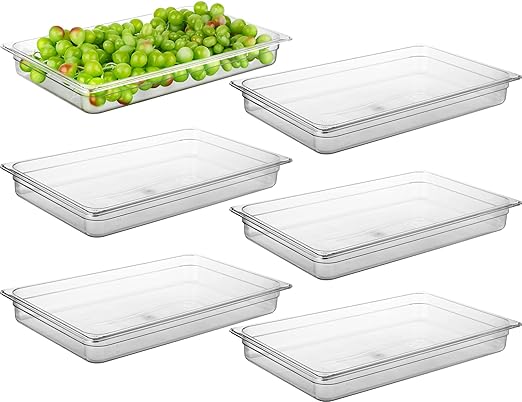 CURTA 6 Pack NSF Food Pans, Full Size 2 1/2 Inch Deep, Commercial Polycarbonate Plastic Clear Freezer-Safe